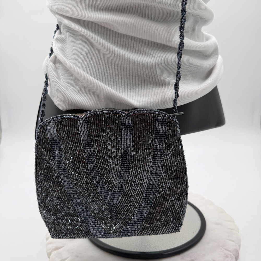 Genie Gunmetal Beaded Crossbody Bag Art Deco Chevron Evening Purse Grey Black